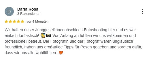 Wir hatten unser Junggesellinnenabschieds-Fotoshooting hier und es war einfach fantastisch! Von Anfang an fühlten wir uns willkommen und professionell betreut. Die Fotografin und der Fotograf waren unglaublich freundlich, haben uns großartige Tipps für Posen gegeben und sorgten dafür, dass wir uns alle wohlfühlten.