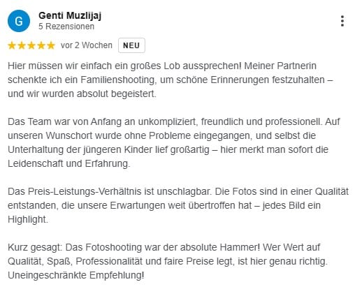 Hier müssen wir einfach ein großes Lob aussprechen! Meiner Partnerin schenkte ich ein Familienshooting, um schöne Erinnerungen festzuhalten – und wir wurden absolut begeistert. Das Team war von Anfang an unkompliziert, freundlich und professionell. Auf unseren Wunschort wurde ohne Probleme eingegangen, und selbst die Unterhaltung der jüngeren Kinder lief großartig – hier merkt man sofort die Leidenschaft und Erfahrung. Das Preis-Leistungs-Verhältnis ist unschlagbar. Die Fotos sind in einer Qualität entstanden, die unsere Erwartungen weit übertroffen hat – jedes Bild ein Highlight. Kurz gesagt: Das Fotoshooting war der absolute Hammer! Wer Wert auf Qualität, Spaß, Professionalität und faire Preise legt, ist hier genau richtig. Uneingeschränkte Empfehlung!