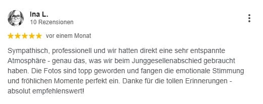 Sympathisch, professionell und wir hatten direkt eine sehr entspannte Atmosphäre - genau das, was wir beim Junggesellenabschied gebraucht haben. Die Fotos sind topp geworden und fangen die emotionale Stimmung und fröhlichen Momente perfekt ein. Danke für die tollen Erinnerungen - absolut empfehlenswert!