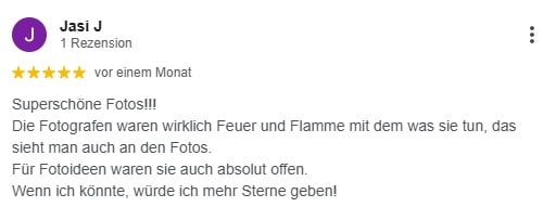 Superschöne Fotos!!! Die Fotografen waren wirklich Feuer und Flamme mit dem was sie tun, das sieht man auch an den Fotos. Für Fotoideen waren sie auch absolut offen. Wenn ich könnte, würde ich mehr Sterne geben!