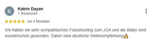 Wir hatten ein sehr sympathisches Fotoshooting zum JGA und die Bilder sind wunderschön geworden. Daher eine deutliche Weiterempfehlung
