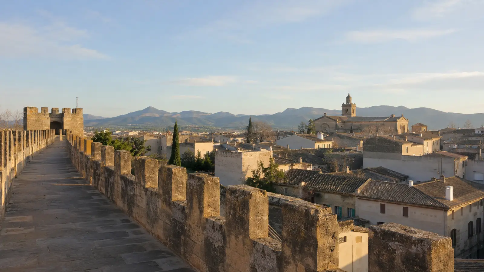 Begehbare mittelalterliche Stadtmauer von Alcúdia mit Blick über die Altstadt und die Berge Mallorcas