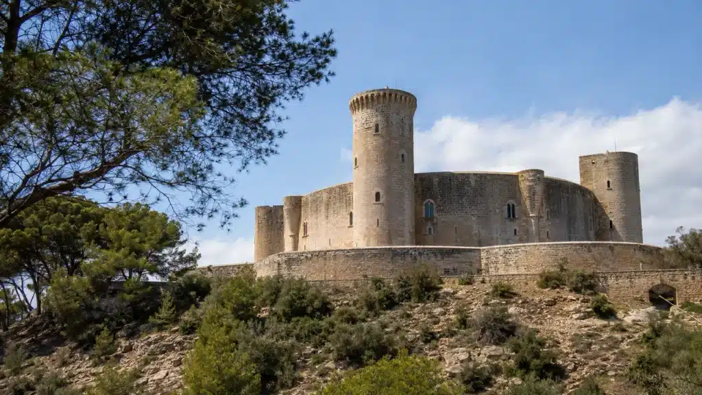 Rundes Castell de Bellver aus hellem Naturstein zwischen Pinien in Palma