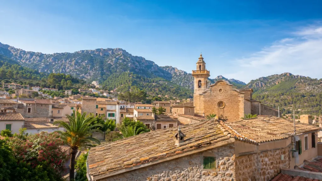 Altstadt von Andratx mit Kirche Santa Maria vor der Serra de Tramuntana
