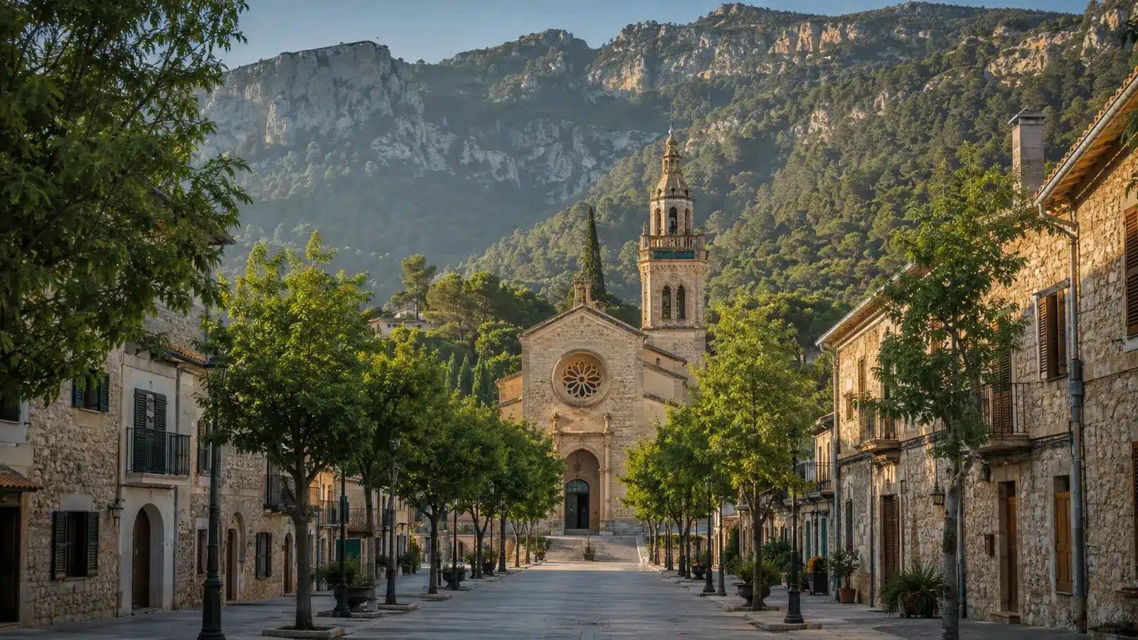 Kirche Sant Pere und grüne Tramuntana-Kulisse in Esporles auf Mallorca