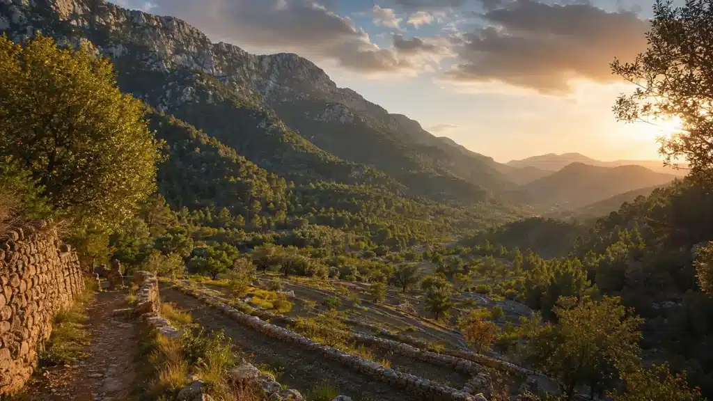 Bewaldetes Tramuntana-Tal mit Trockensteinterrassen bei Esporles auf Mallorca