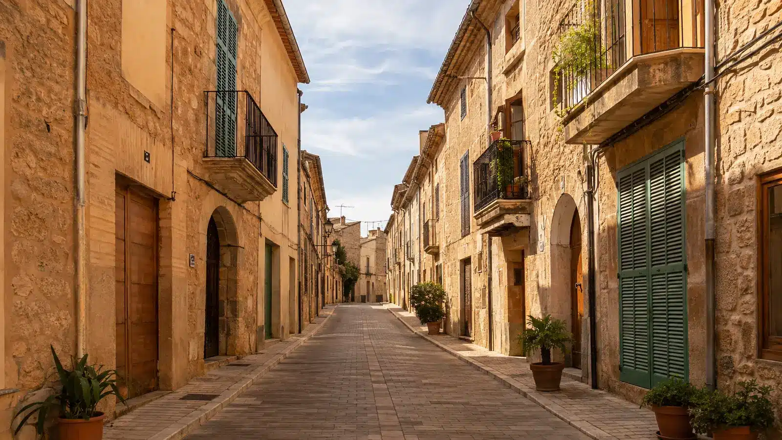 Historische Gasse mit Natursteinfassaden und mallorquinischen Häusern in Llucmajor auf Mallorca