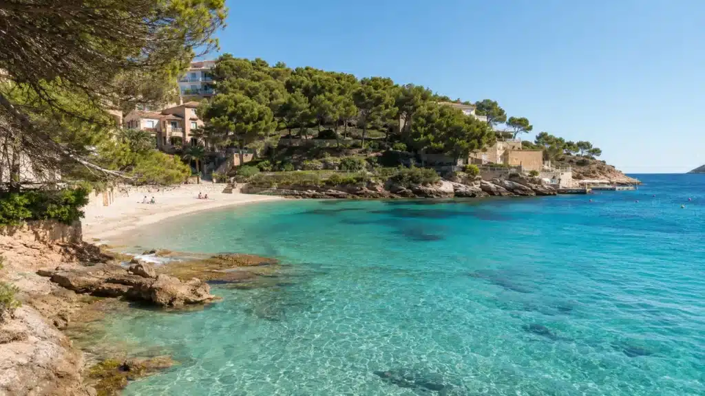 Felsenbucht Cala Fornells mit Pinien und klarem Meer in Peguera auf Mallorca