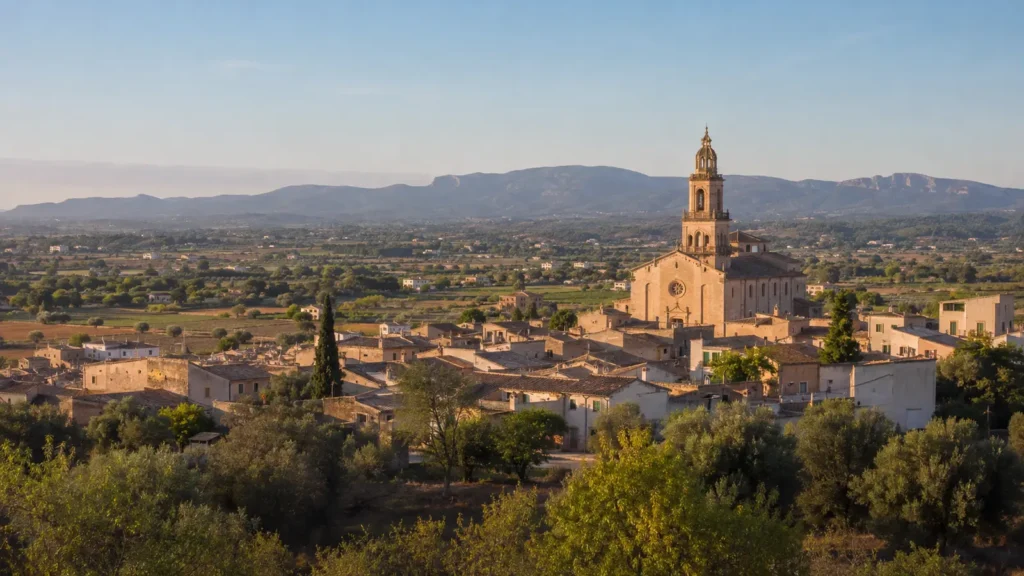 Kirche Sant Pere über den Dächern von Petra auf Mallorca