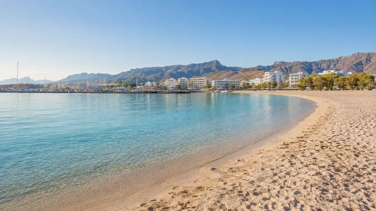 Weiter Sandstrand und türkisfarbene Bucht von Port d’Alcúdia auf Mallorca