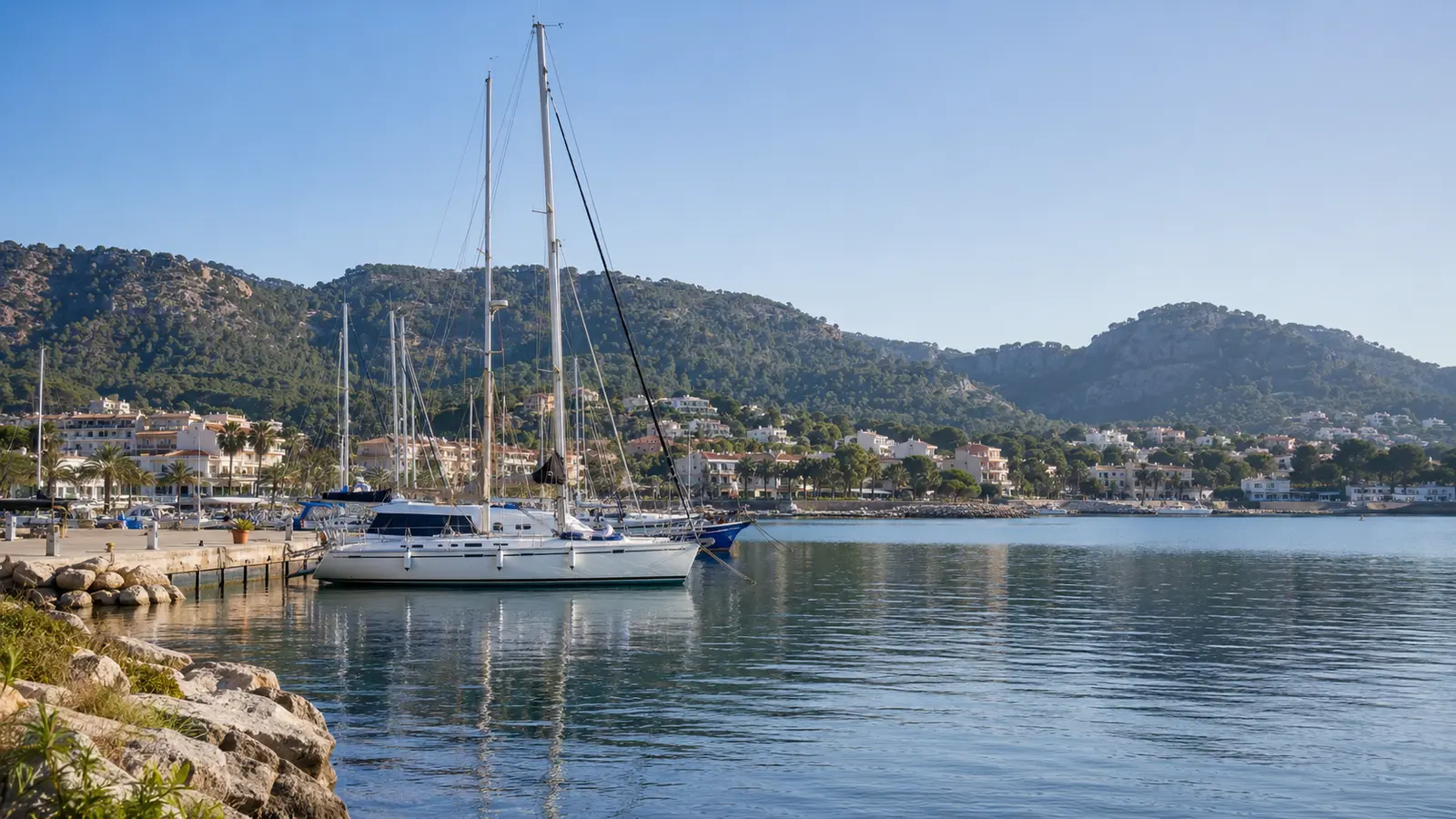 Kleiner Hafen mit Booten und mediterraner Küstenkulisse in Santa Ponça auf Mallorca