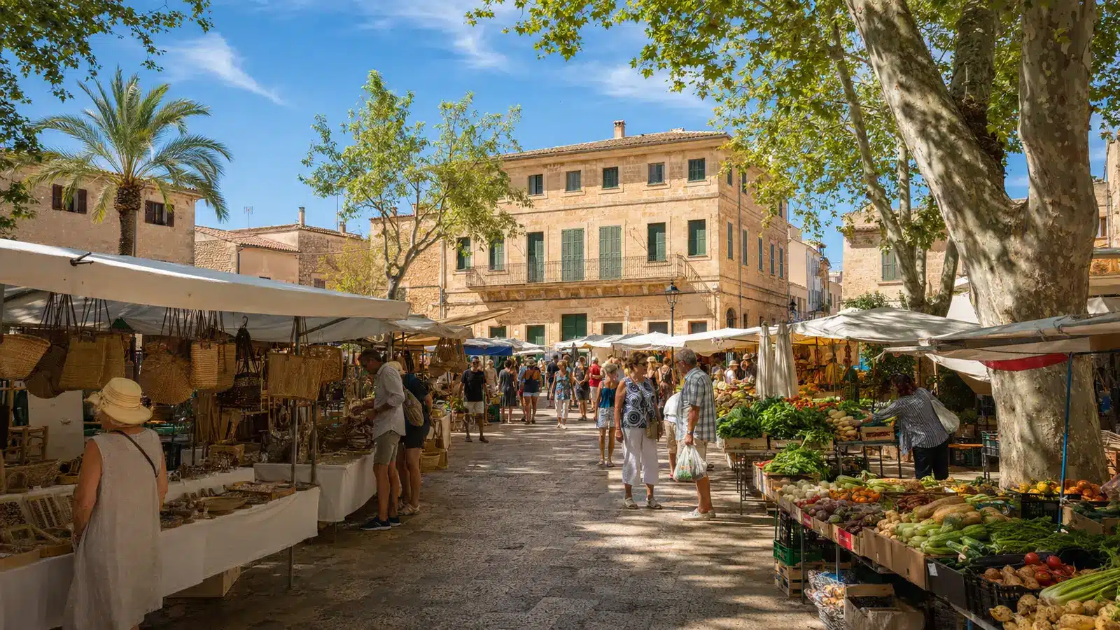 Wochenmarkt in Santanyí zwischen historischen Sandsteinhäusern