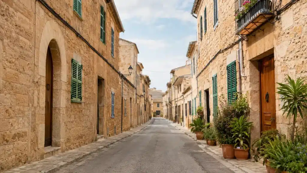 Historische Gasse mit Natursteinfassaden und mallorquinischen Häusern in Ses Salines auf Mallorca