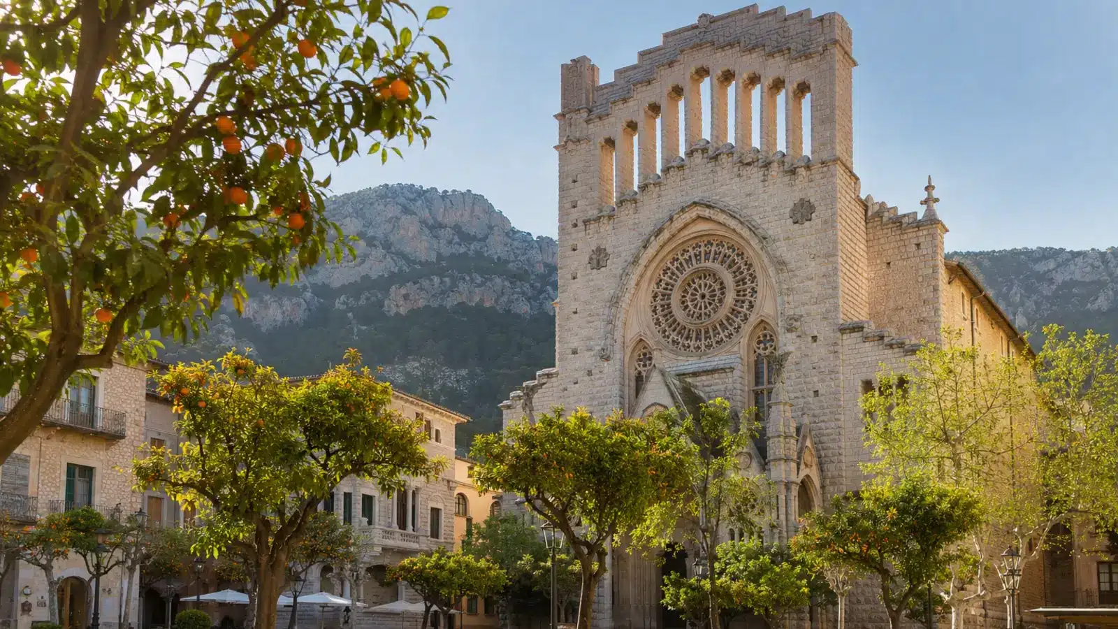 Blick auf Sant Bartomeu in Sóller vor den Bergen der Serra de Tramuntana